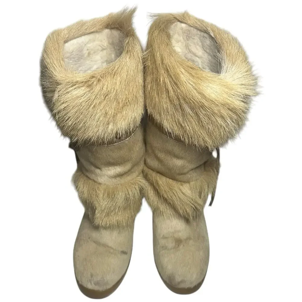 Tecnica Vintage 1973 Sz 7.5 Tan Skandia Pony Hair Fur Trim Mid Calf Winter Boots